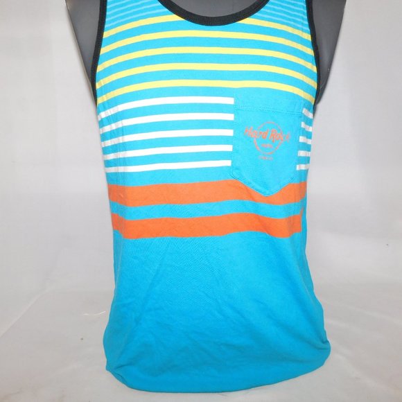 Hard Rock Hotel Cancun Mexico Mens L Striped Tank Top Blue Yellow Orange White - Picture 4 of 8
